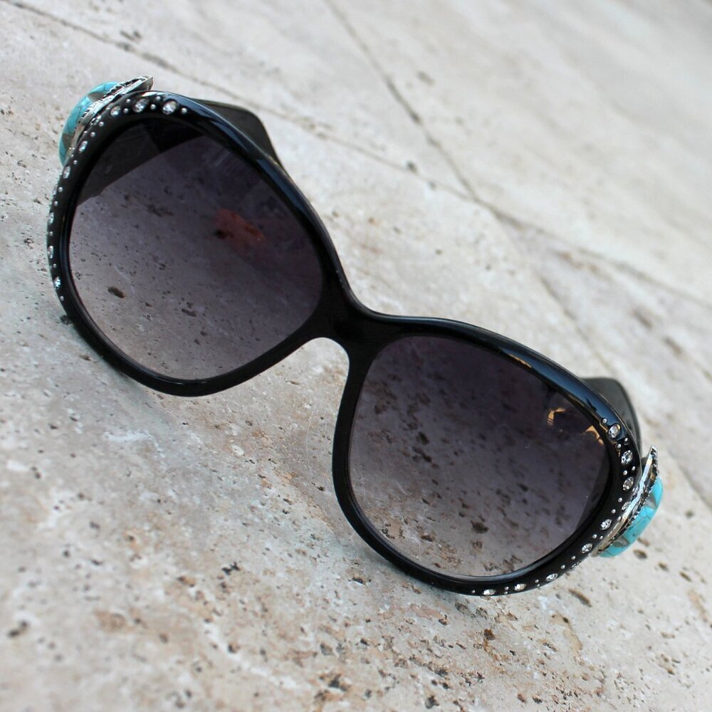 Montana West Sunglasses in Black w/Turquoise Flower Concho Accents - Picture 4 of 15